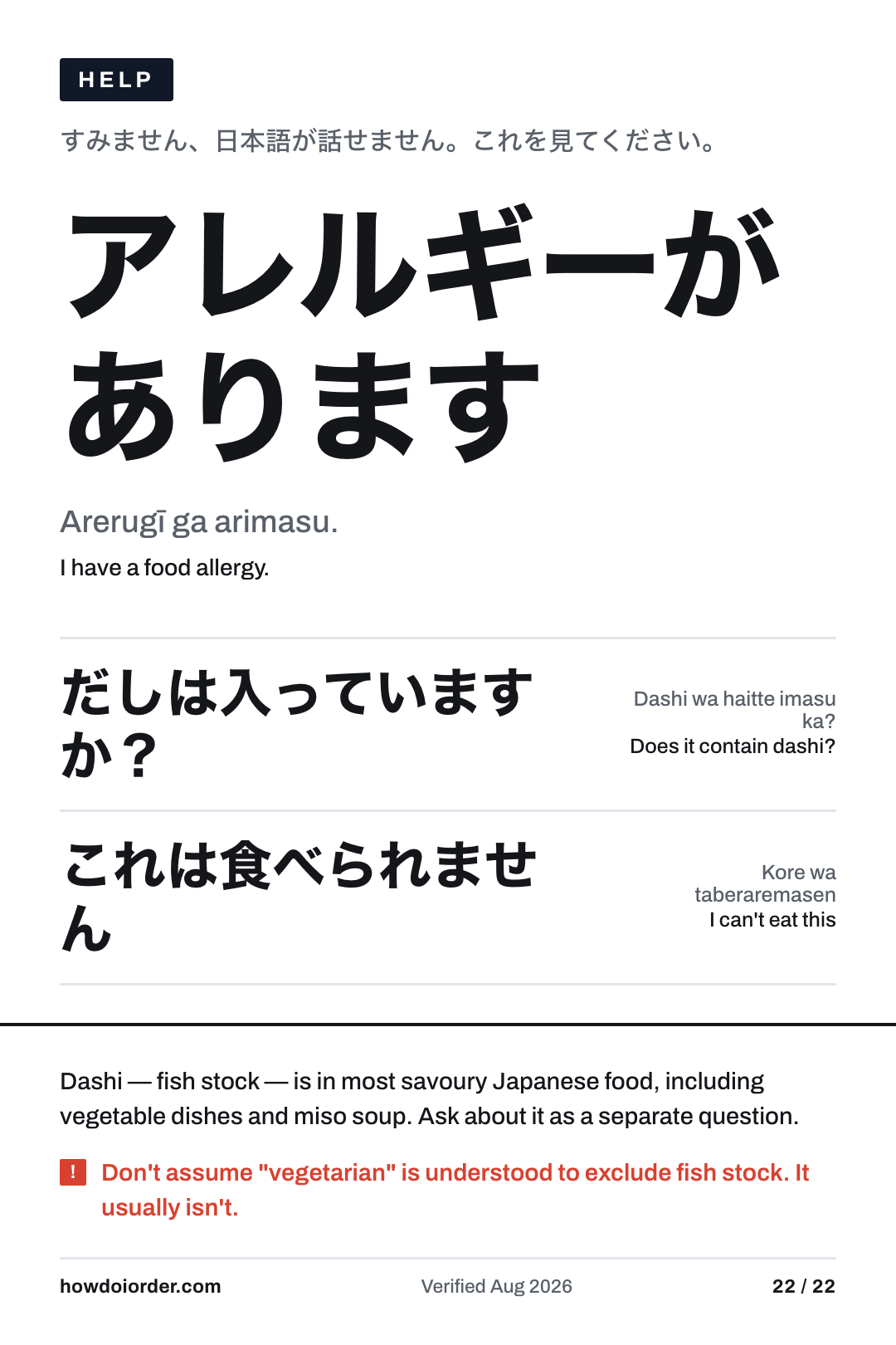 I have a food allergy. — Arerugī ga arimasu., card 22 of the Japan pack