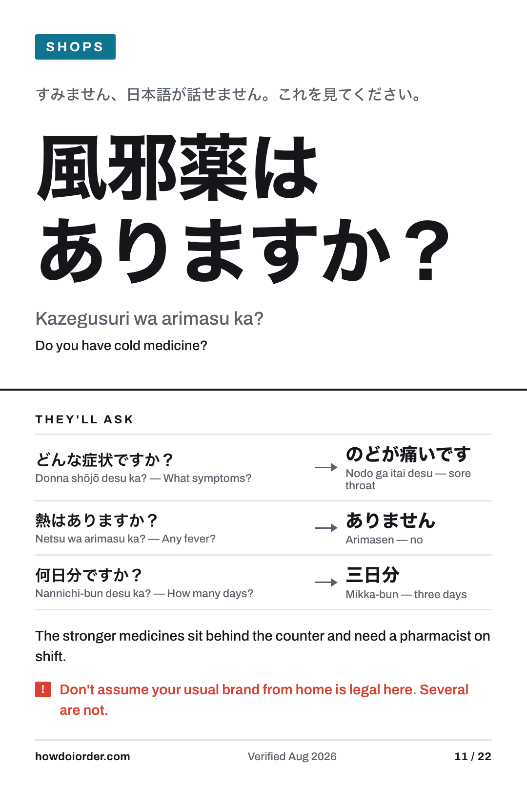 Do you have cold medicine? — Kazegusuri wa arimasu ka?, card 11 of the Japan pack